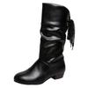 Botas de Equitação de Tamanho Grande para Comércio Exterior Outono e Inverno 2024 Fornecimento Transfronteiriço Salto Baixo Bico Redondo Cadarço nas Costas Botas Quentes de Meia-Canela para Mulheres
