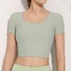 Macacão de Yoga Plus Size com Bojo Costura Bonita nas Costas Feminino Camiseta Esportiva de Manga Curta Top Fitness Curto Modelador