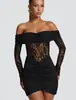 Vestido Slim Europeu e Americano Amazon 2025 de Renda Off-Shoulder, Estilo Lady, Manga Longa Transparente, Saia em Retalhos