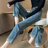 Jeans de Cintura Alta para Mulheres 2024 Novo Jeans de Barra Reta com Efeito Enrolado Slimming Look Calças Slim Tipo Cigarro Tendência