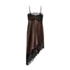 Comércio Exterior Transfronteiriço Roupas Femininas Primavera 2026 Estilo Europeu e Americano Costura Assimétrica Renda Cetim Vestido de Alça M561543