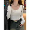 Camiseta de algodón Ram con cuello redondo, hombro delantero, para mujer, primavera y otoño 2025, nueva, corte ajustado, estilo simple, manga larga, top básico interior corto