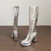 Botas altas quadradas para outono e inverno, cor sólida, zíper lateral, botas femininas versáteis, plataforma impermeável, salto alto, tamanho grande, botas de moda para comércio exterior