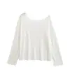 2657-26 Camiseta de punto lisa de un hombro con hombros descubiertos y manga larga, top de lino holgado estilo coreano de verano