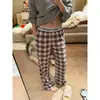 Pantalones de Pijama a Cuadros Bloque de Color Estilo Casual Perezoso Sueltos de Pierna Ancha para Mujer, Nuevos de Primavera Talla Grande Rectos Cómodos para Estar en Casa