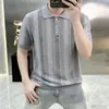 ¡Estilo Dinero Viejo! ¡Bloques de color a rayas! Camisa polo de punto jacquard para hombre de comercio exterior, primavera/verano, de tres botones, con cuello de solapa y manga corta