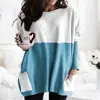 Destaque T-shirt casual feminina de outono europeia e americana com gola redonda, manga longa, costura e bolso para Amazon wish