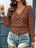 Primavera/Verão 2026 Temu Transfronteiriço Novo Europeu e Americano Gola Redonda Estampado Poá Franzido Manga Longa Decote V Moda Casual Top
