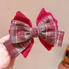 Pinza para el cabello con lazo de cinta de cuadros rojos de moda para niñas, accesorio para el cabello de chal, elegante clip para el cabello con gema roja de Año Nuevo