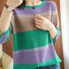 Suéter de Punto Calado Nuevo Estilo Otoño para Mujer 2026, Manga Tres Cuartos Rayado Holgado Bloque de Color Casual Punto para Mujer