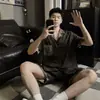 Pijama masculino de seda jacquard bicolor em três peças, conjunto de malha de seda gelada de manga curta com modelagem solta para primavera-verão