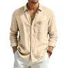 Amazon Americano Transfronterizo para Hombre Nuevo Casual Algodón Lino Manga Larga Botones Cardigan Holgado Transpirable Color Sólido Camisa Hombre