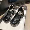 Zapatos Mary Jane de Tacón Grueso Primavera 2025 Estilo Francés Boca Baja Estilo Hada de Perlas Hebilla de una Línea Tacones Altos
