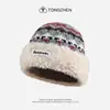 Chapéu de Pescador Patchwork Jacquard Plush Fair Isle Vintage para Mulheres, Emagrecimento Facial, Tendência de Chapéu de Tricô Espesso Quente para Outono e Inverno