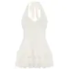 Novo Produto Transfronteiriço 2025: Top Cropped Sexy Branco com Patchwork de Renda, Gola Halter com Amarração nas Costas e Alça Fina em V