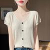 Camiseta Feminina Plus Size Manga Curta Decote V Transfronteiriça Estilo Coreano Primavera e Verão Camiseta Básica Lisa Slim Fit para Mãe