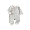 Macacão para bebê recém-nascido, estilo primavera/outono, gola azul marinho, mangas compridas, design listrado, sem costura, algodão puro, qualidade Classe A, adequado para uso ao ar livre