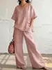 Conjunto de dos piezas de color liso para mujer, europeo y americano, transfronterizo, para otoño, top holgado de manga larga con cuello redondo y conjunto de pantalones de pierna ancha de cintura alta