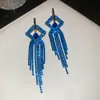 Brincos de Franja Flor de Strass Azul Europeus e Americanos Transfronteiriços Agulha de Prata, Brincos de Tarraxa Modernos e Requintados, Brincos de Luxo Leve de Alta Qualidade para Mulheres