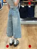 Jeans Cropped Wide-Leg Bordado Estilo Americano Feito Sob Medida de Fábrica para Mulheres, Calças Finas Soltas Retas de Comprimento Médio Plus Size de Verão