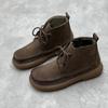 Botas femininas de inverno quentes de couro genuíno com algodão, botas artísticas feitas à mão com bico redondo, cadarço plano, forro de veludo grosso, sapatos casuais macios de couro bovino e algodão
