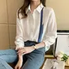 Fotos Reales de Ropa Femenina de Comercio Exterior: Elegante Ropa Casual de Otoño Nueva para Mujer, Camisa de Gasa con Bloques de Color y Cuello Solapa, Camisa Cardigan