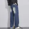 Jeans Azuis Retro Americano Masculino Primavera e Verão Nova Tendência Jovem Solto Reto Mais Fácil de Combinar Calças Casuais Masculinas