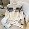 Jaqueta cardigã de tricô nicho com design color-blocking Fair Isle para mulheres, solta, casual, suéter versátil
