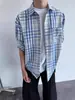 Camisa xadrez azul de manga comprida casual retro americana da moda camisa de moda tendência popular