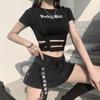 Camiseta sexy de manga corta para mujer, estilo europeo y americano, con estampado de letras de verano y cuello en V irregular.