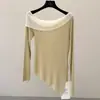 Blusa de Tricô Assimétrica com Blocos de Cor Inspirada no Design Jianhe para Mulheres, Temporada de Primavera, Blusa Irregular de Liocel Slim-Fit 88266
