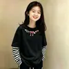 Camiseta de manga larga de algodón puro para niña, look de dos piezas para primavera y otoño, cuello redondo, camiseta básica elegante, top a rayas de moda versátil estilo coreano