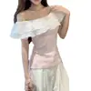 Top Francés de Volantes Asimétrico para Mujer Verano 2025 Nuevo Diseño Delgado y Elegante Camisa