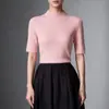 Camiseta de malha base gola alta 100% imitação de lã pura para mulheres, manga média, padrão espinha de peixe, suéter slim fit, top para camada interna