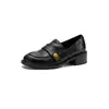 Mocassins de Couro de Cordeiro Estilo Britânico com Fivela de Metal 2026 Outono Salto Médio Robusto para o Dia a Dia Sapatos Pequenos de Couro Bico Redondo Sapatos Únicos de Couro Genuíno Feminino