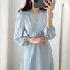 Chique coreano, design retrô de outono, elegante vestido midi plissado para mulheres