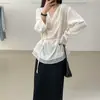 Camisa de Estilo Perezoso con Cuello Drapeado de Encaje y Cordones en la Cintura, Estilo Francés, para Mujer, de Dongdaemun, Corea del Sur