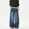 Calça Jeans Masculina Lavagem Lightning com Rebites Perna Reta Solta Larga Estilo Americano High Street Tendência Versátil Calça Longa para Casal