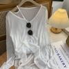 Playera de Manga Larga de Seda Helada con Hombros Descubiertos para Mujer, Verano Holgada Estilo Coreano Color Sólido Versátil Adelgazante Cuello en V Tejido Top de Protección Solar con Cuello Barco