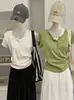 Camiseta de Manga Corta con Botones y Cuello en V Omalai para Mujer 2026 Verano Ajustada Elástica Color Sólido Top 7063