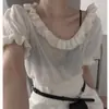 Top de punto de manga corta abullonada de color liso con volantes, moda nueva de primavera y verano de Dongdaemun, Corea, moderno, para mujer