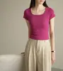 Camisola de Punto Fino Rojo Rosa Corta Ajustada Moda Sin Mangas Ajustada Elástica Transpirable Ajustada Deportiva Manga Corta