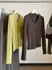 Camiseta de Manga Larga con Cuello en V de Alta Gama, Prenda Base para Mujer, Nuevo Otoño/Invierno, Hombro Normal, Cintura Ajustada, Adelgazante, Interior Suave y Liso