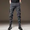Pantalones de trabajo multi-bolsillo texturizados de algodón de fibra larga de alta densidad para hombre, corte holgado retro, color café, pantalones casuales funcionales tácticos de alta calle