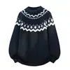 Suéter de Punto Jacquard Fair Isle Redondo para Hombre Estilo Étnico Retro Engrosado Holgado