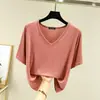 Camiseta feminina de manga curta em modal, novo estilo de verão, plus size, gola V, modelagem solta, afina a silhueta, cor sólida, top estilo coreano