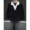 Moletom Masculino de Outono com Padrão de Espiga de Trigo Falso Duas Peças Americano Cleanfit Patchwork Gola Lapela Alta Inteligência Casal Manga Longa
