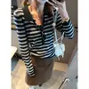 Mocci Outono Novo Estilo Coreano Retrô Bloco de Cores Listras Gola Lapela Emagrecedor Manga Longa Malha MQ1770
