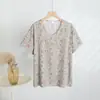 Camiseta de Manga Corta con Cuello en V y Estampado Floral de Algodón y Seda, Nueva de Verano 2025, Suelta Casual para Casa