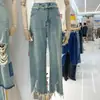 Pantalones Vaqueros Casuales de Pierna Recta, Cintura Alta, Holgados, Adelgazantes, Combinan con Todo, Borde con Flecos, Lavado Roto, Estilo Vintage de Hong Kong, Mujer, Primavera